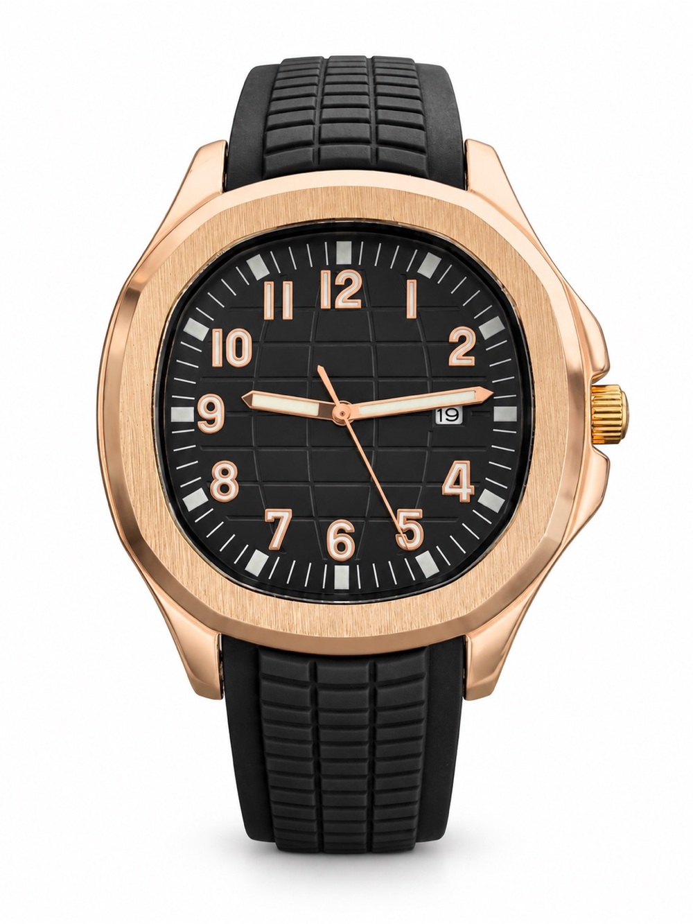 Rose Gold Tone Black Dial Watch Rubber Strap Date Aquanaut style Men’s Watch